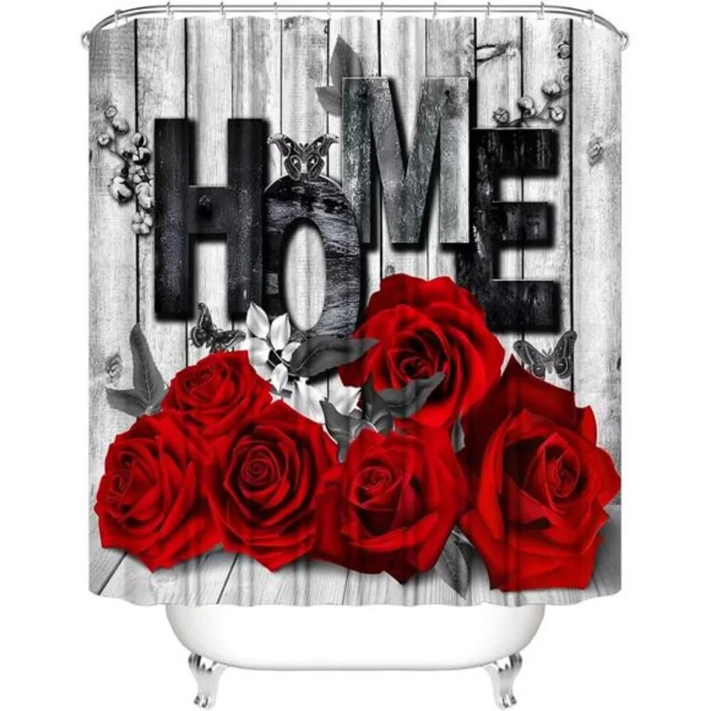 Red Rose 4 Pcs Shower Curtain Sets Non-Slip Rugs Bath Mat Toilet Cover
